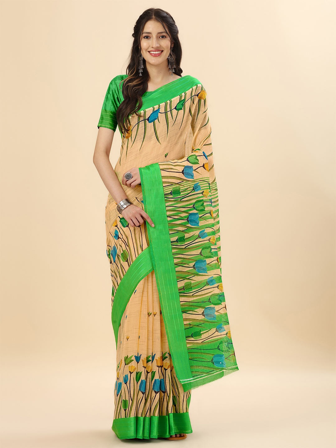 

Mitera Peach & Green Floral Zari Pure Cotton Banarasi Saree