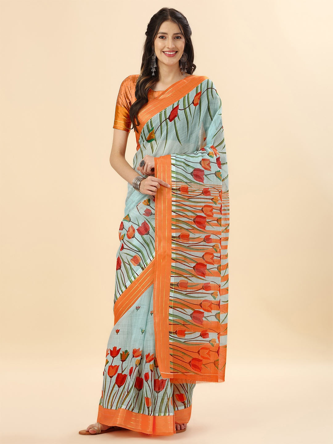 

Mitera Blue & Orange Floral Zari Pure Cotton Banarasi Saree