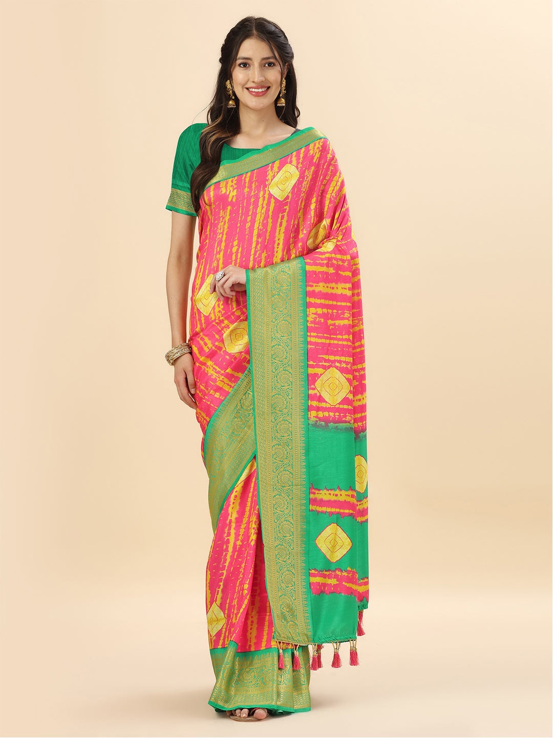 

Mitera Peach & Green Bandhani Zari Pure Silk Banarasi Saree