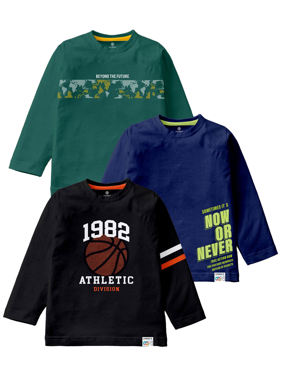 

CODEZ Boys Pack Of 3 Typography Printed Long Sleeves Cotton Casual T-shirts, Black