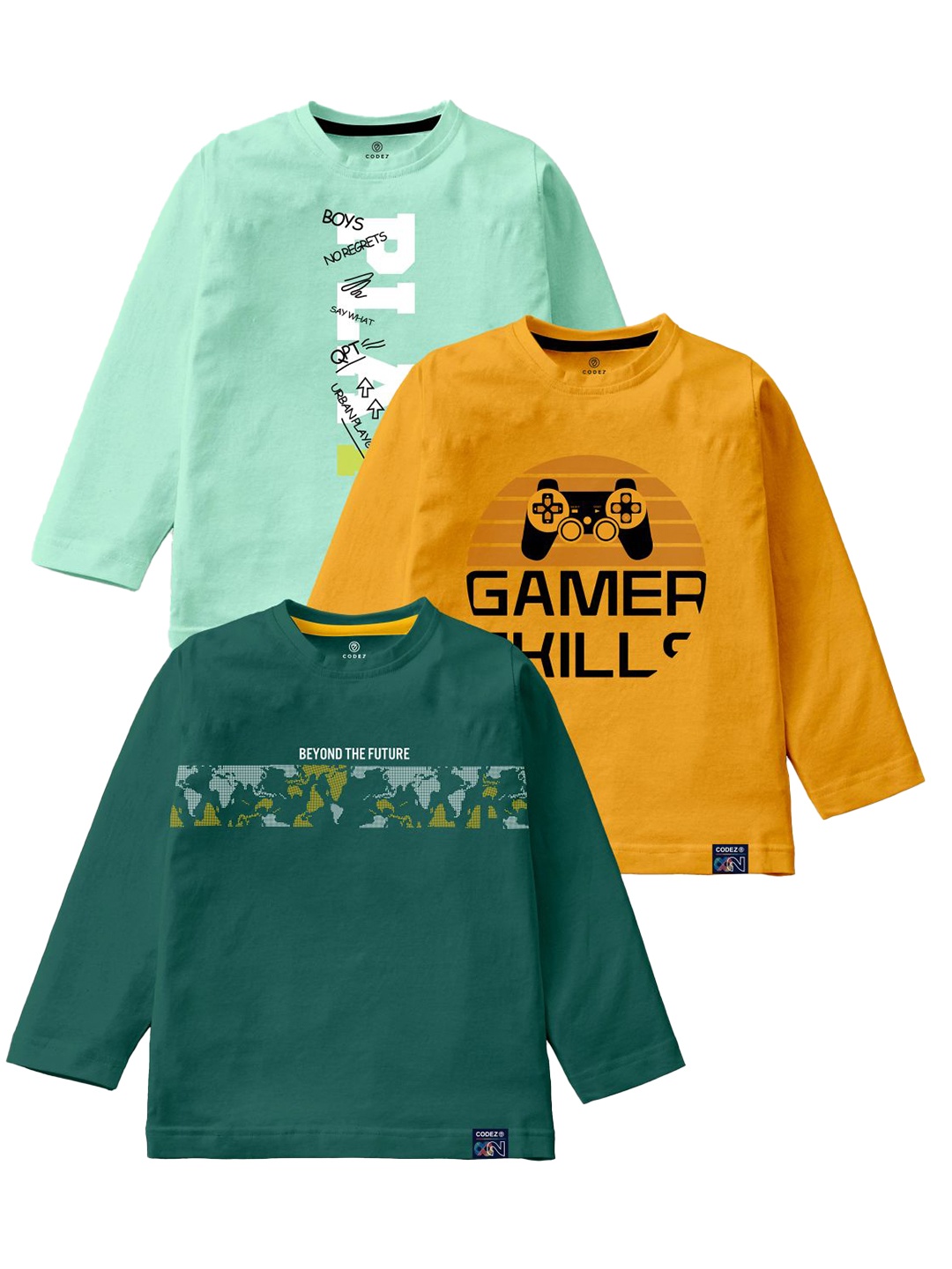 CODEZ Boys Pack Of 3 Typography Printed Cotton T-Shirt, Sea green