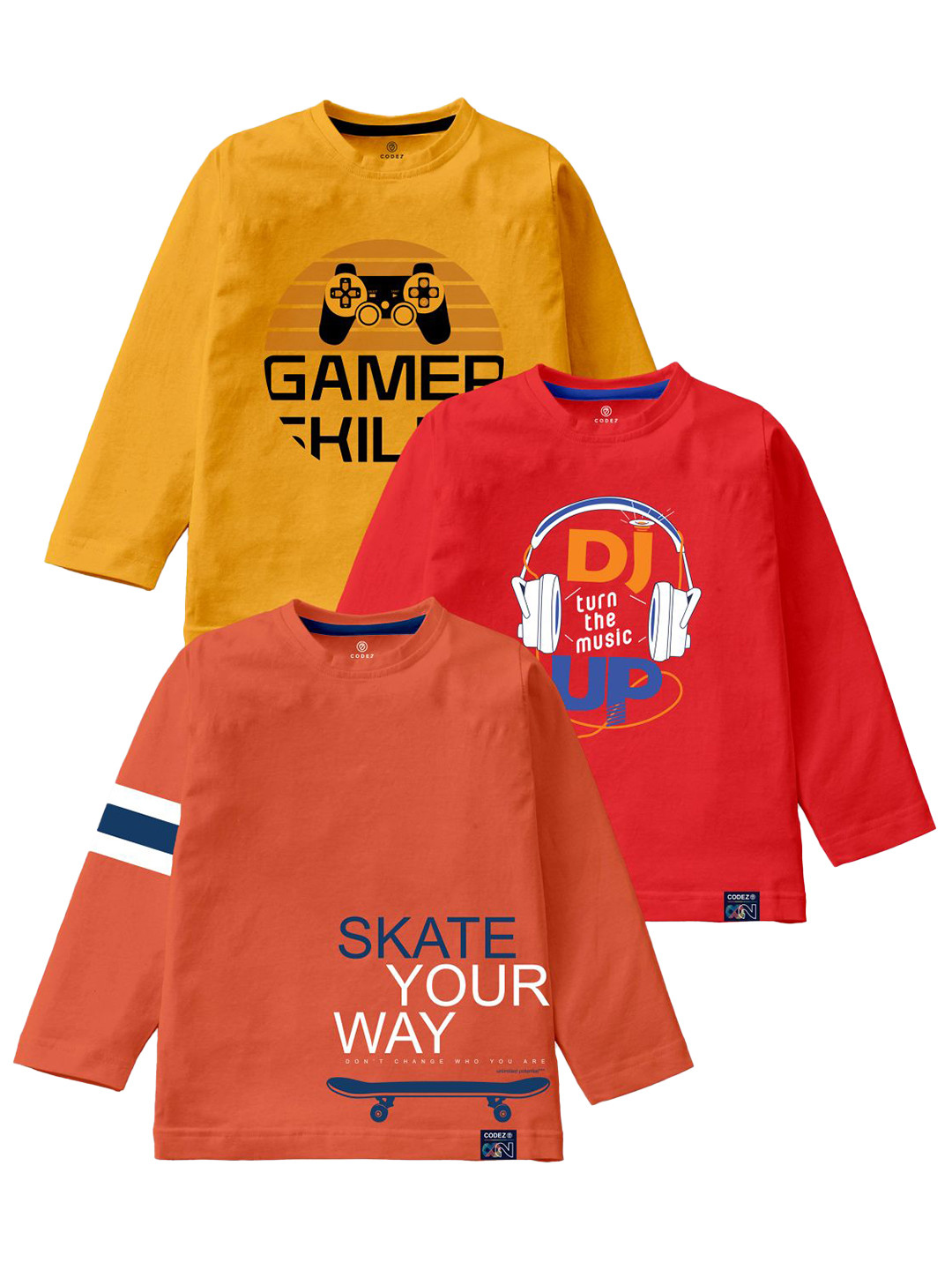 

CODEZ Boys Pack Of 3 Typography Printed Long Sleeves Cotton Casual T-shirts, Yellow