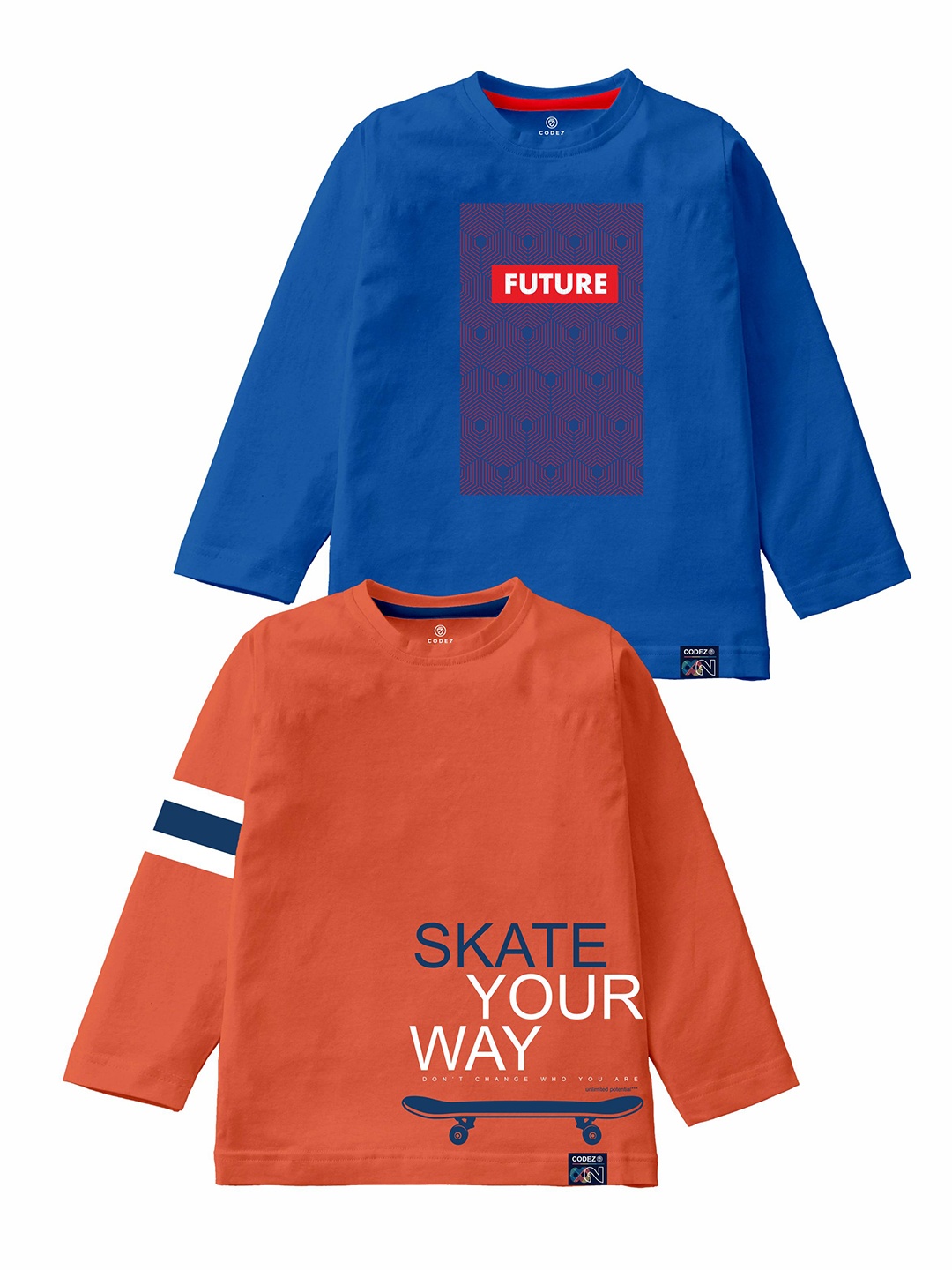 CODEZ Boys Pack Of 2 Typography Printed Long Sleeves Cotton Casual T-shirts, Rust