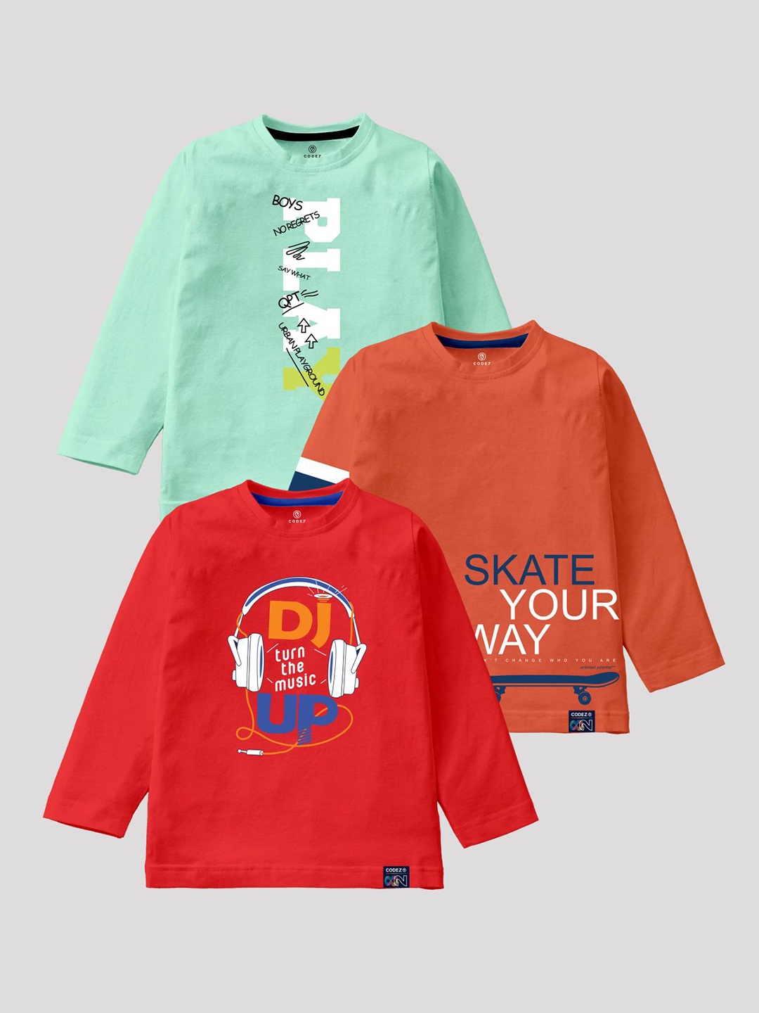 CODEZ Boys Pack Of 3 Typography Printed Cotton T-Shirt, Sea green