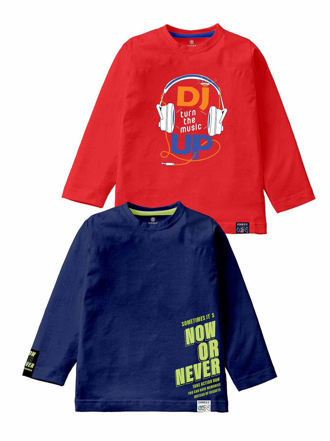 

CODEZ Boys Pack Of 2 Typography Printed Long Sleeves Cotton Casual T-shirts, Navy blue