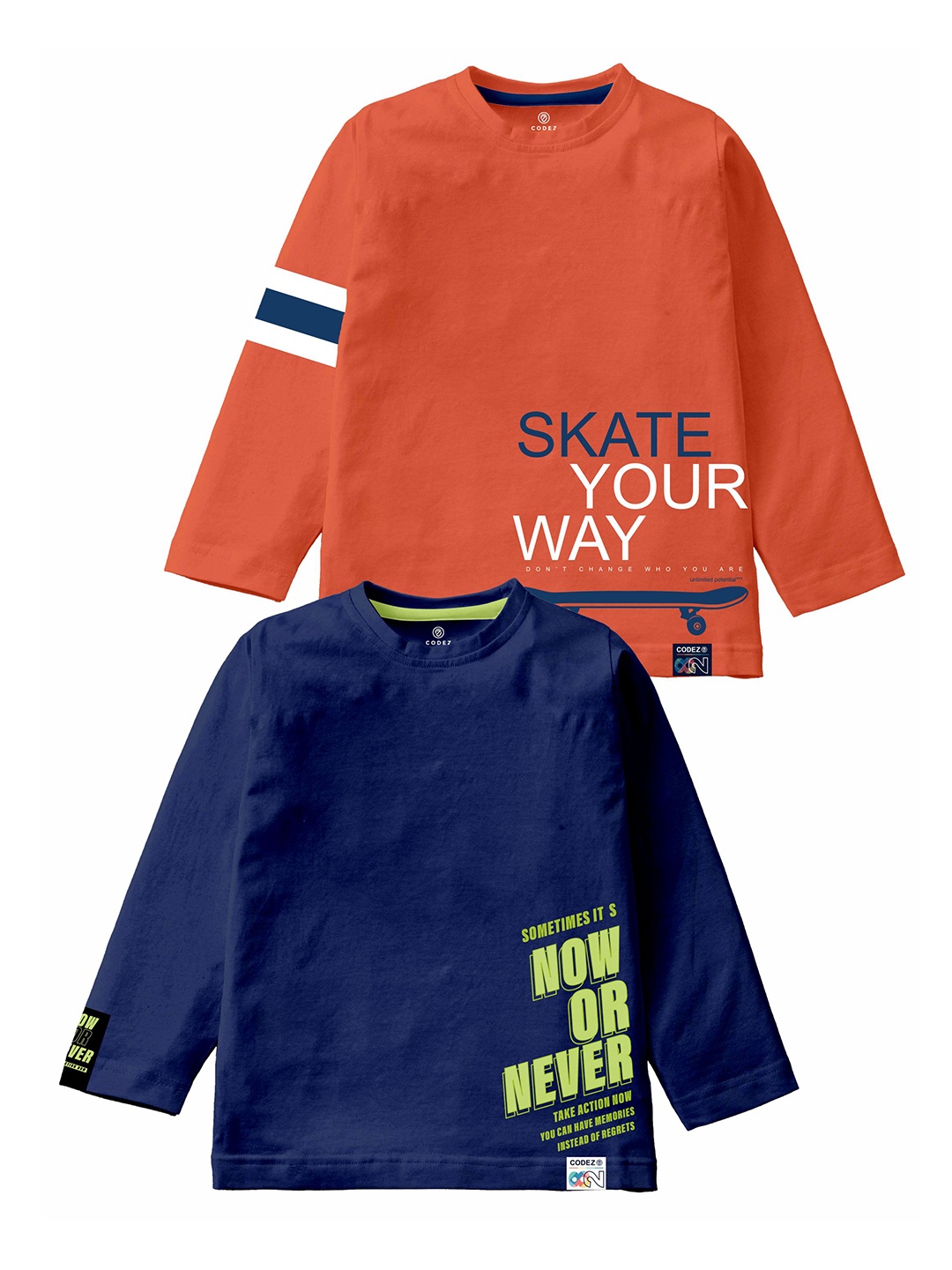 

CODEZ Boys Pack Of 2 Typography Printed Long Sleeves Cotton Casual T-shirts, Navy blue
