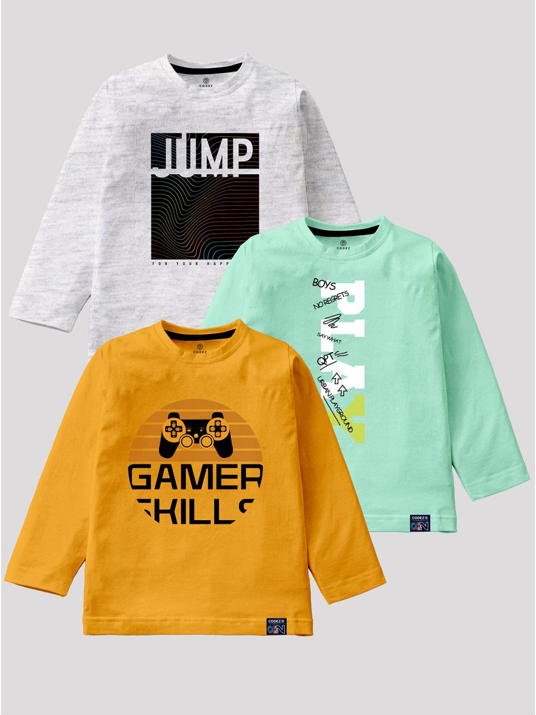 

CODEZ Boys Pack Of 3 Typography Printed Cotton T-Shirt, Grey melange