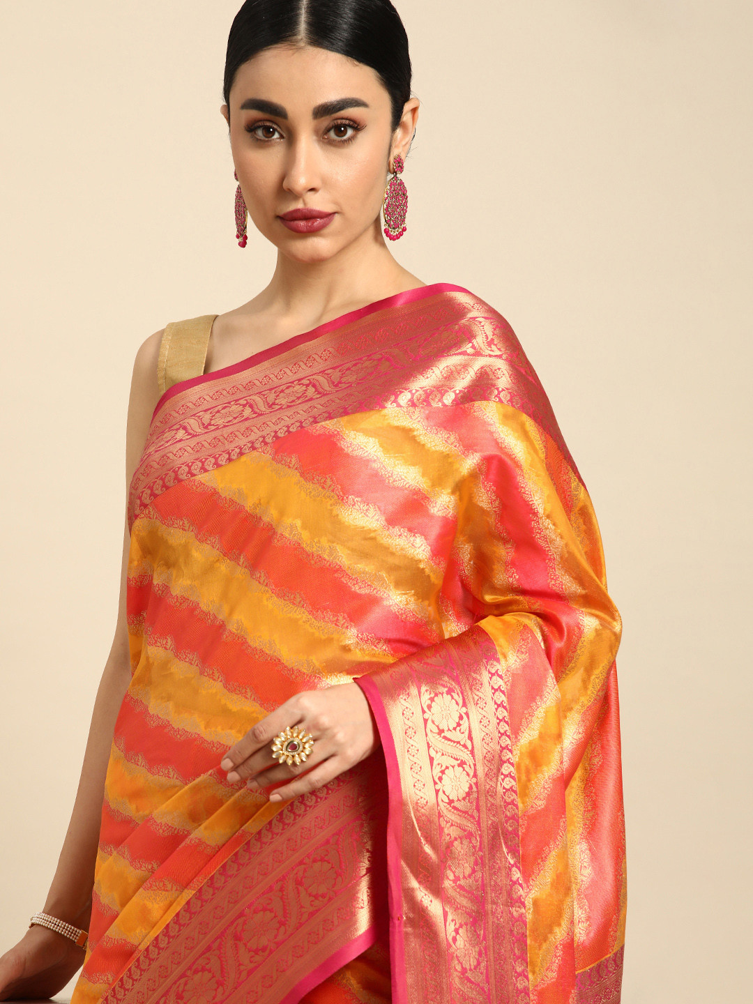 

Mitera Ethnic Motifs Zari Silk Blend Saree, Yellow
