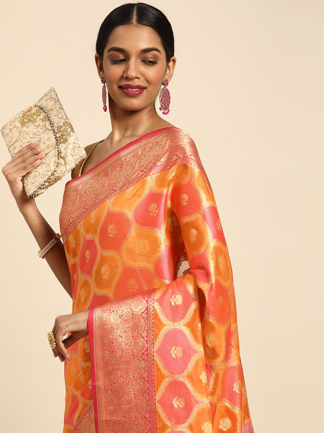 

Mitera Woven Design Floral Zari Silk Blend Saree, Orange