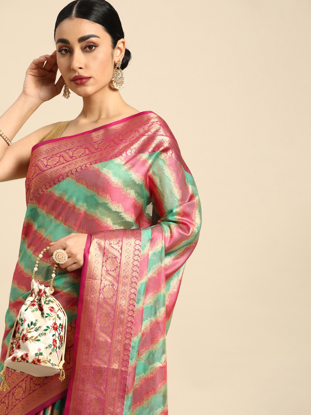 

Mitera Ethnic Motifs Zari Silk Blend Saree, Sea green