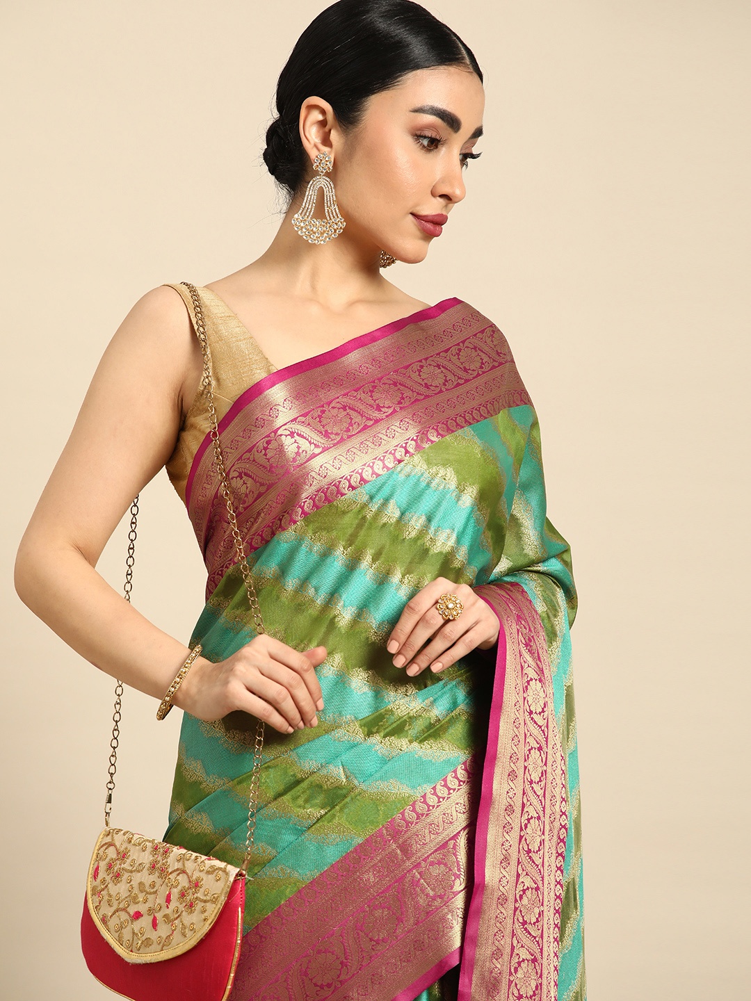 

Mitera Ethnic Motifs Zari Silk Blend Saree, Olive