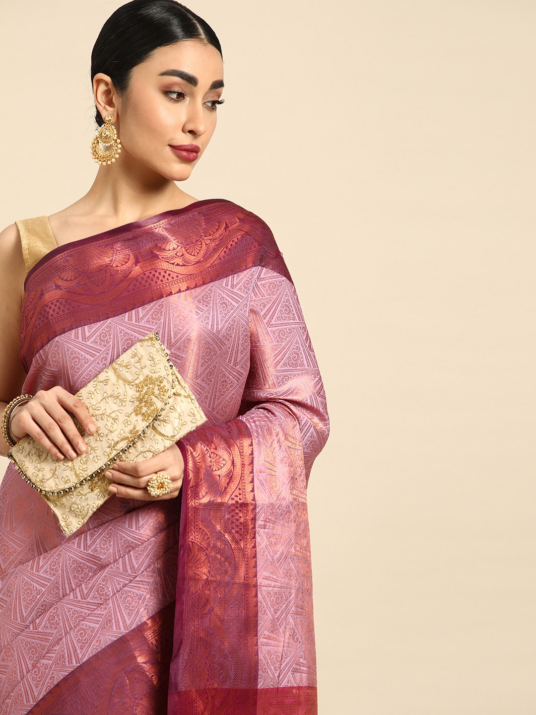 

Mitera Ethnic Motifs Zari Silk Blend Kanjeevaram Saree, Lavender