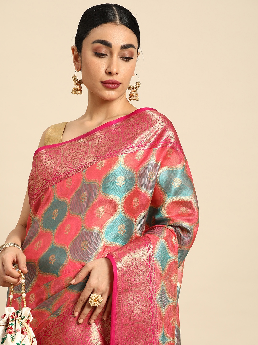 

Mitera Ethnic Motifs Zari Silk Blend Saree, Red