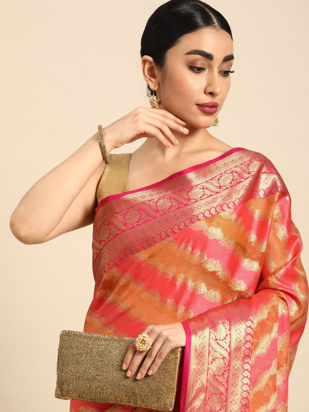 

Mitera Ethnic Motifs Zari Silk Blend Saree, Orange