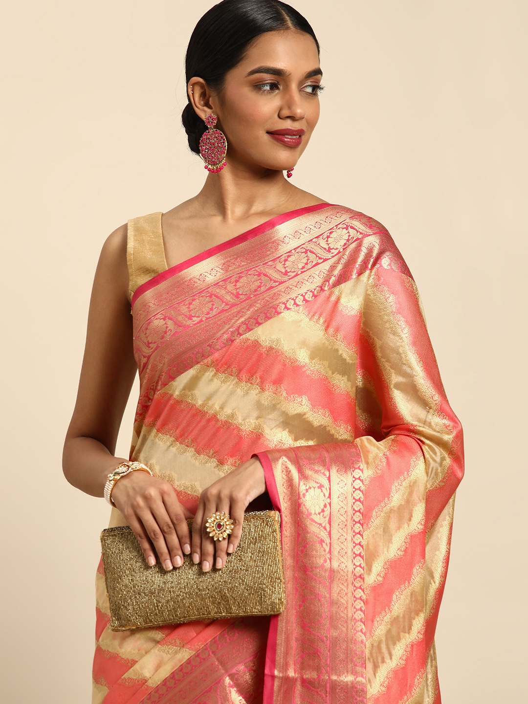 

Mitera Woven Design Zari Silk Blend Saree, Beige