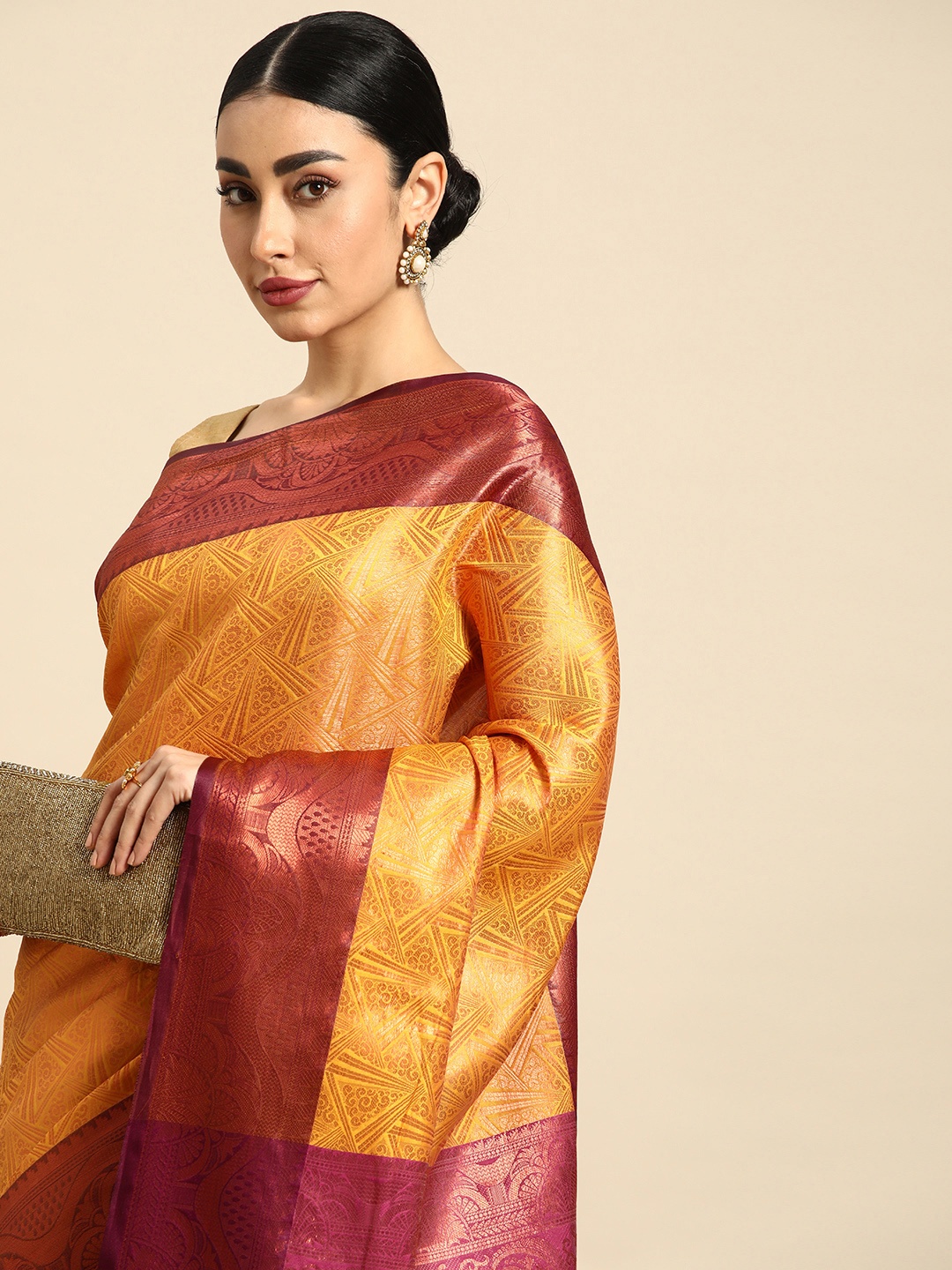 

Mitera Ethnic Motifs Zari Silk Blend Kanjeevaram Saree, Mustard