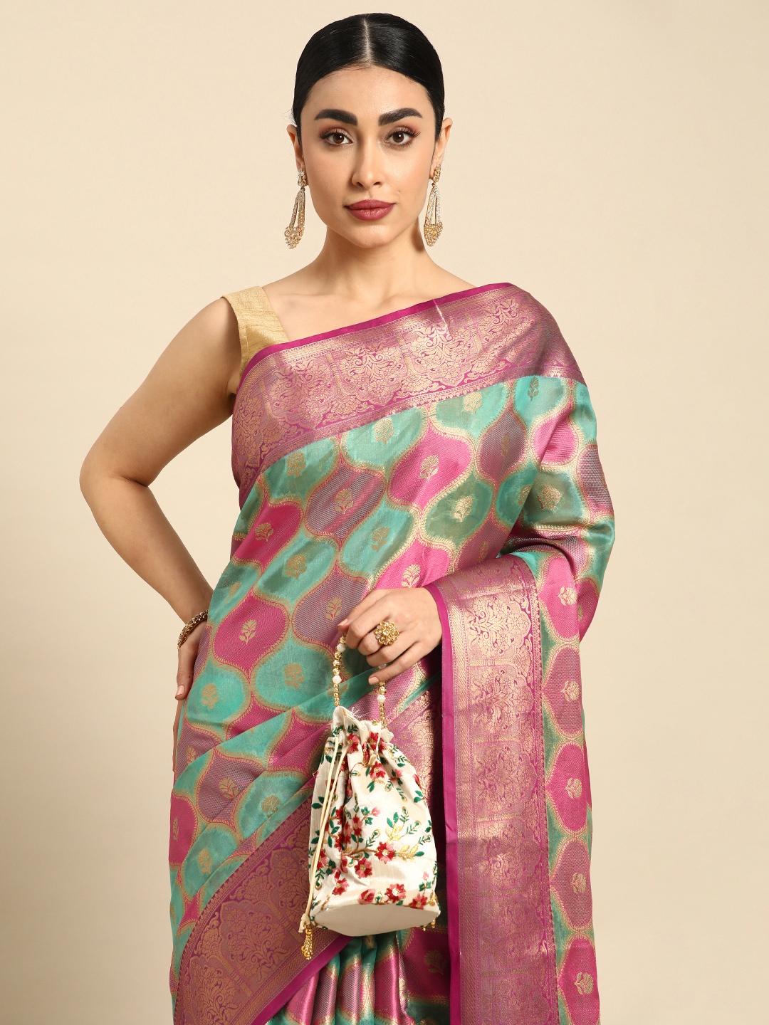 

Mitera Ethnic Motifs Zari Silk Blend Saree, Sea green