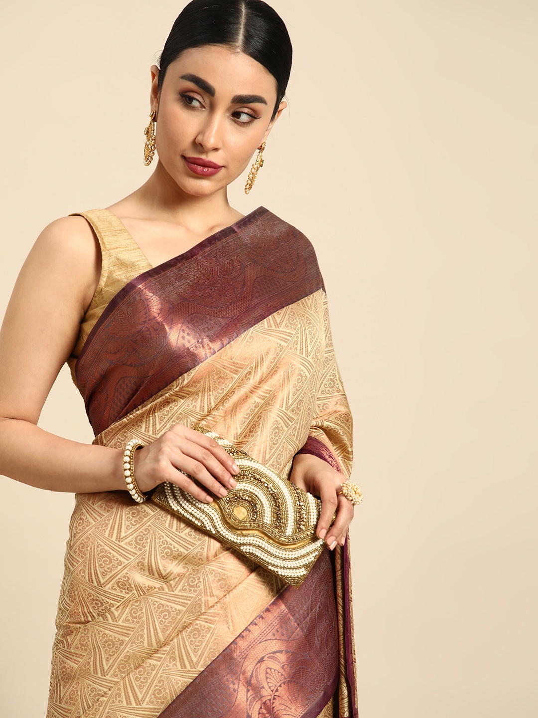 

Mitera Ethnic Motifs Zari Kanjeevaram Saree, Beige