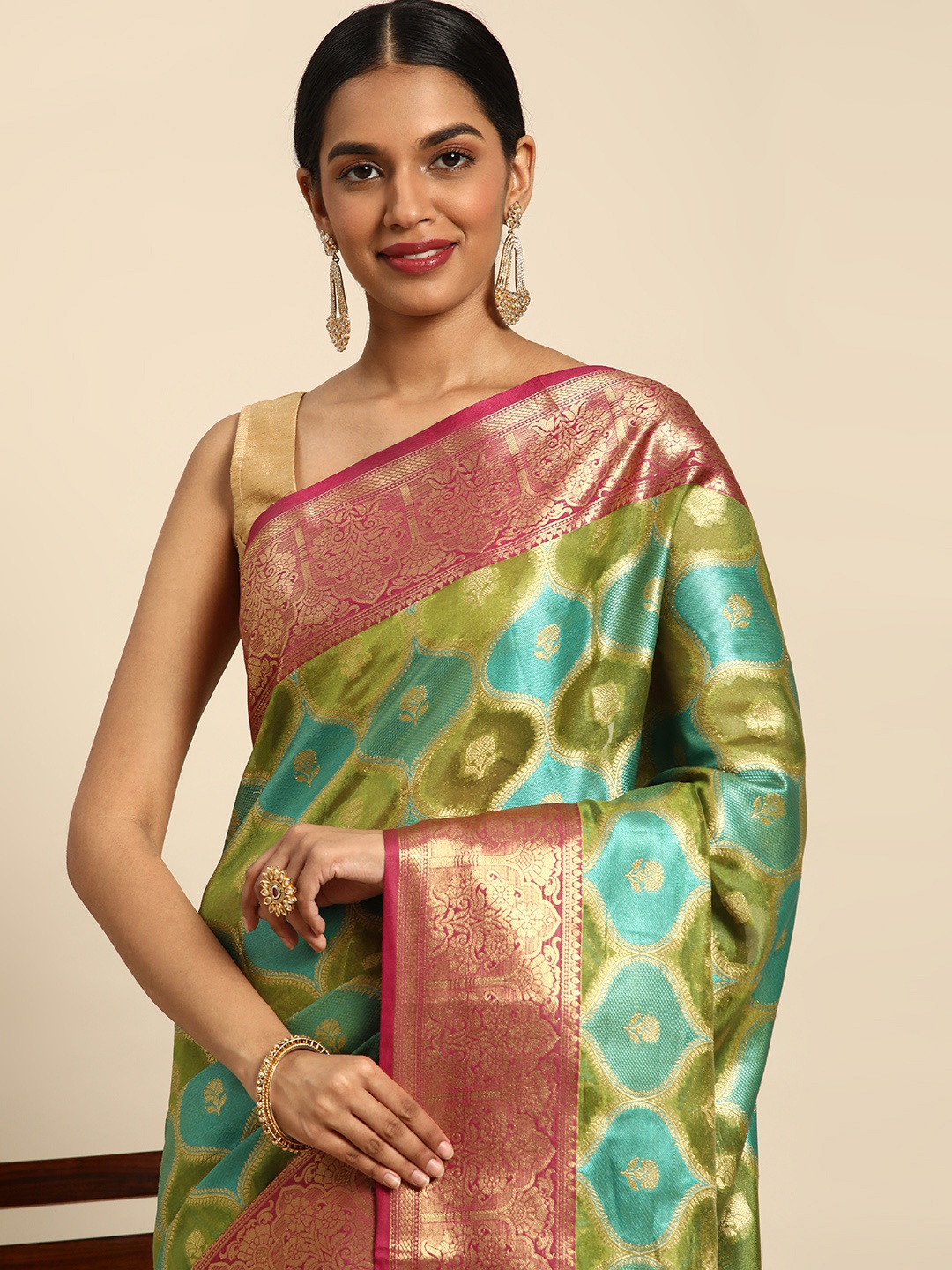 

Mitera Woven Design Floral Zari Silk Blend Saree, Green