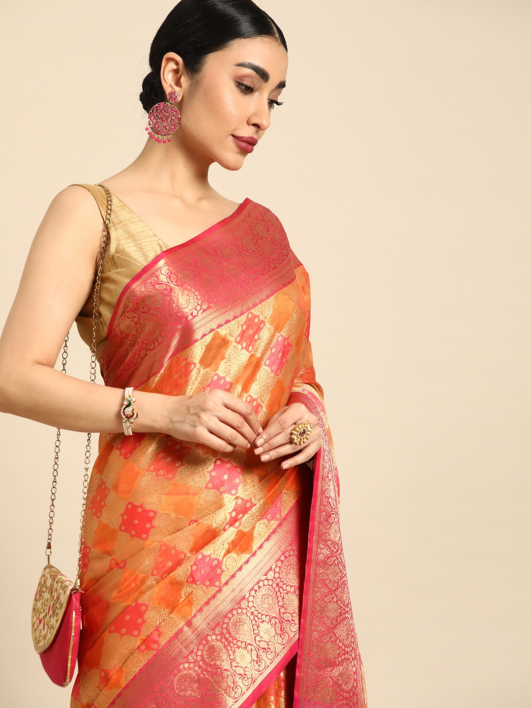 

Mitera Ethnic Motifs Zari Silk Blend Saree, Orange