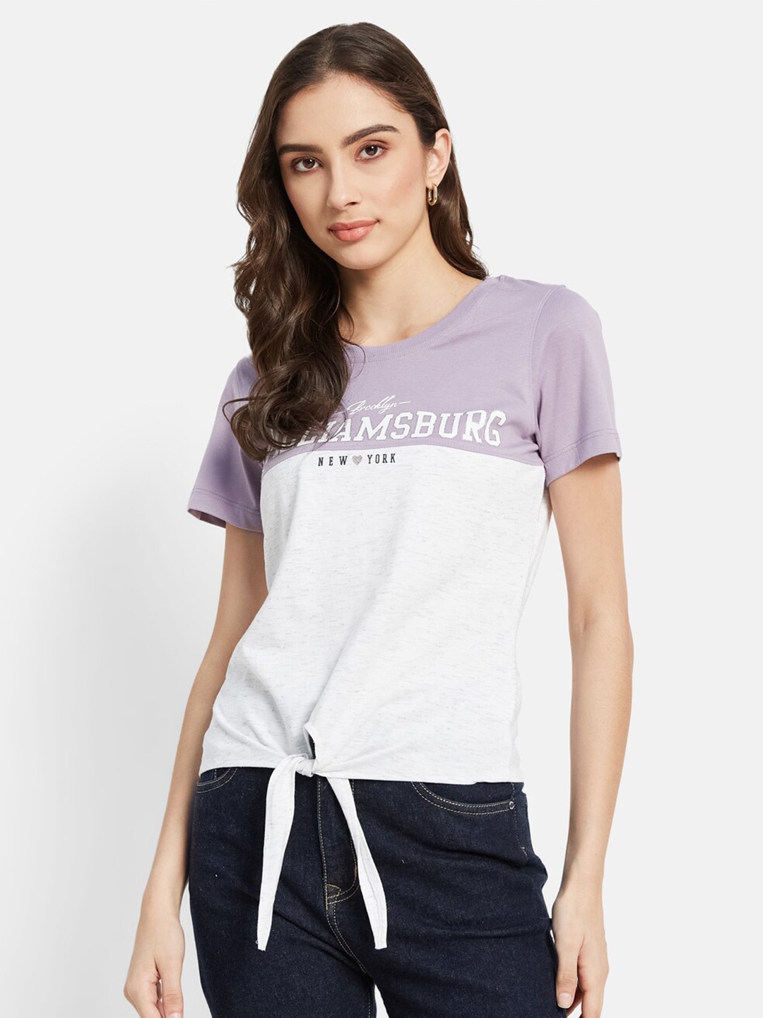 

METTLE Typography Printed Short Sleeves Cotton Top, Purple