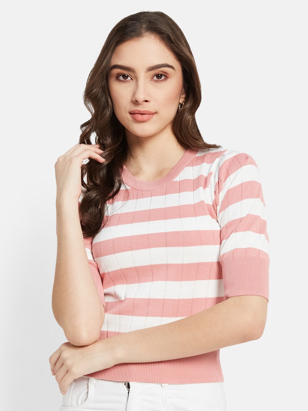 

METTLE Horizontal Striped Round Neck Short Sleeves Top, Pink