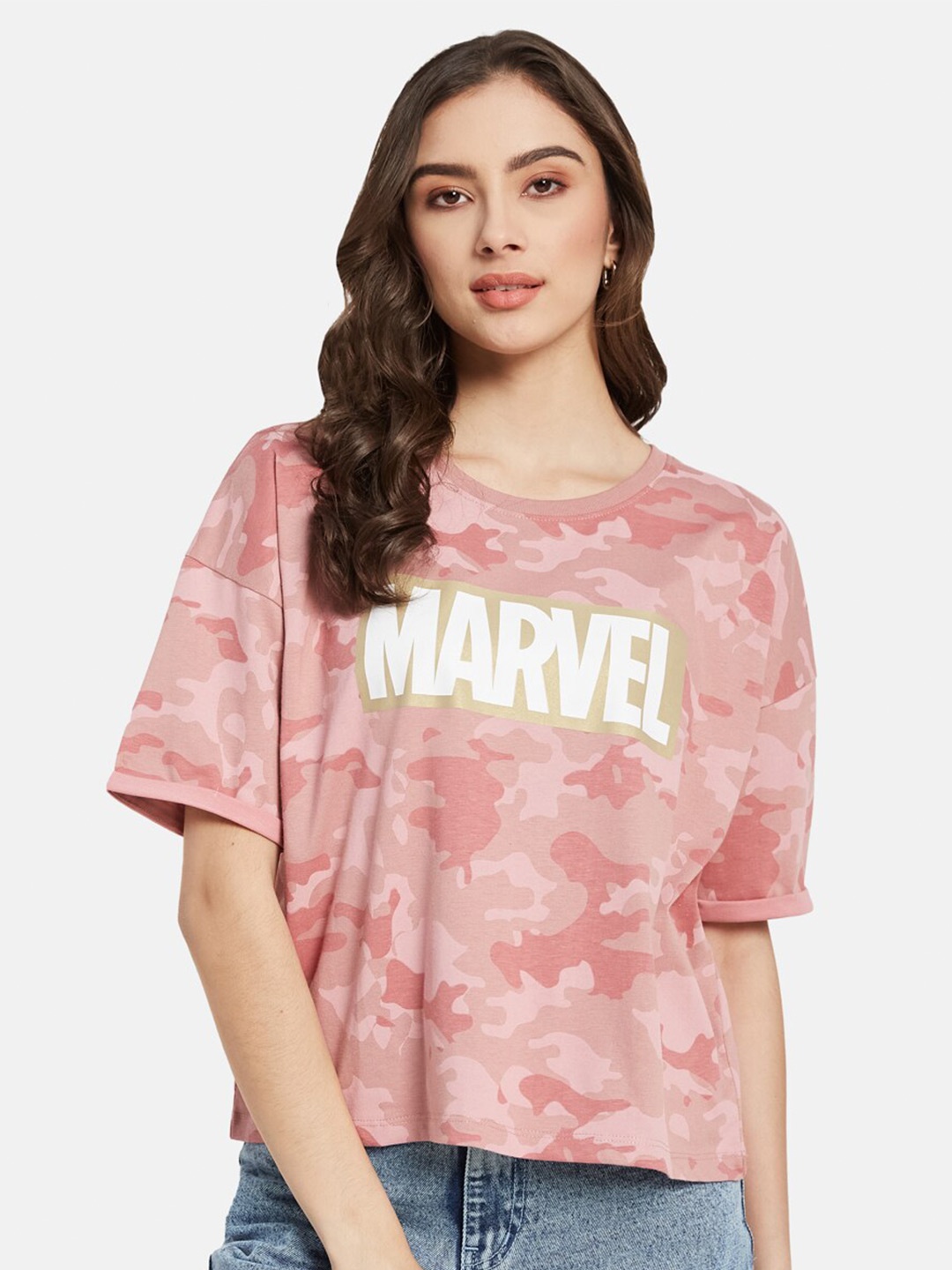 

METTLE Marvel Typography Printed Round Neck Casual Cotton T-shirt, Pink