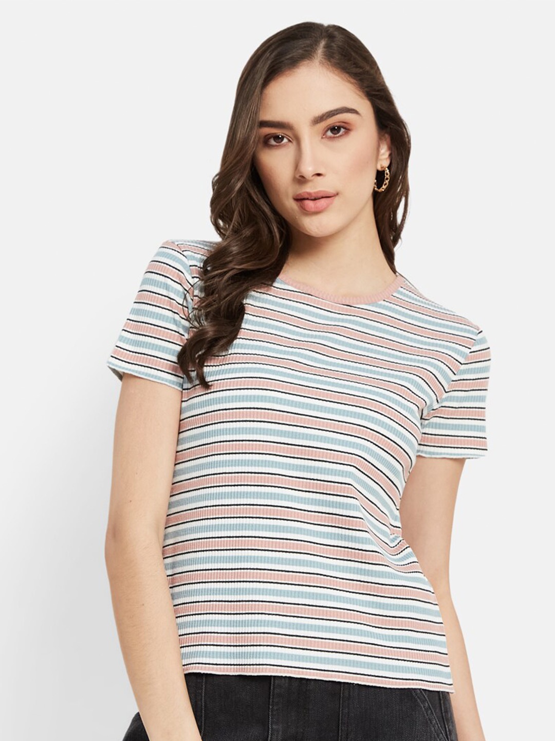 

METTLE Striped Round Neck Cotton T-shirt, Pink