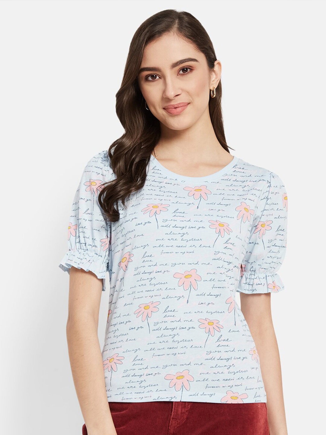 

METTLE Typography Printed Puff Sleeves Cotton T-shirt, Blue