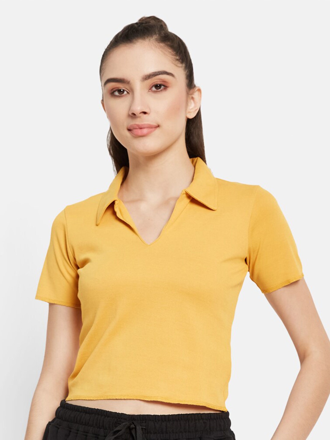 

METTLE Polo Collar Short Sleeves Crop Cotton T-shirt, Yellow