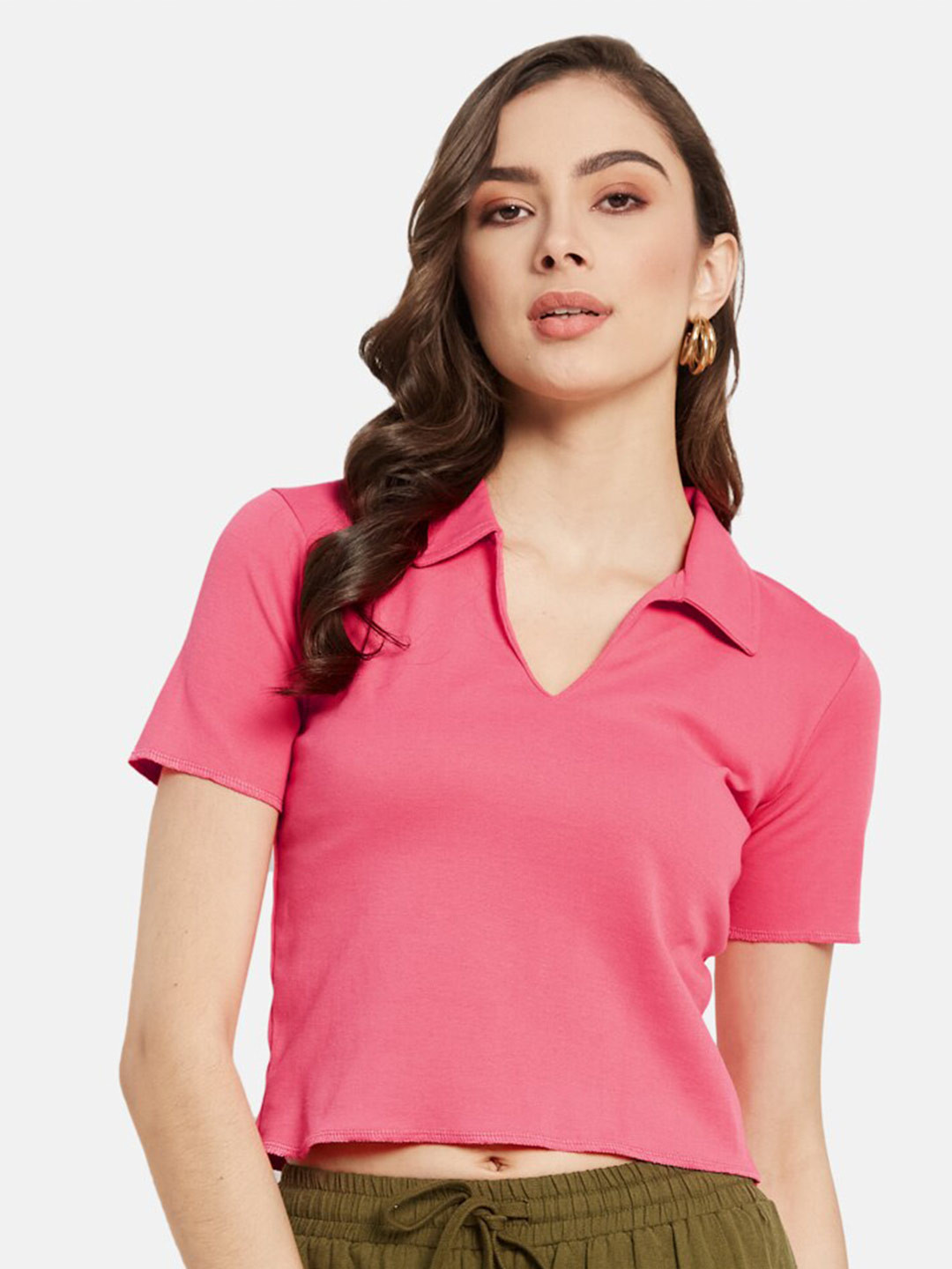 

METTLE Polo Collar Cotton Crop T-shirt, Pink