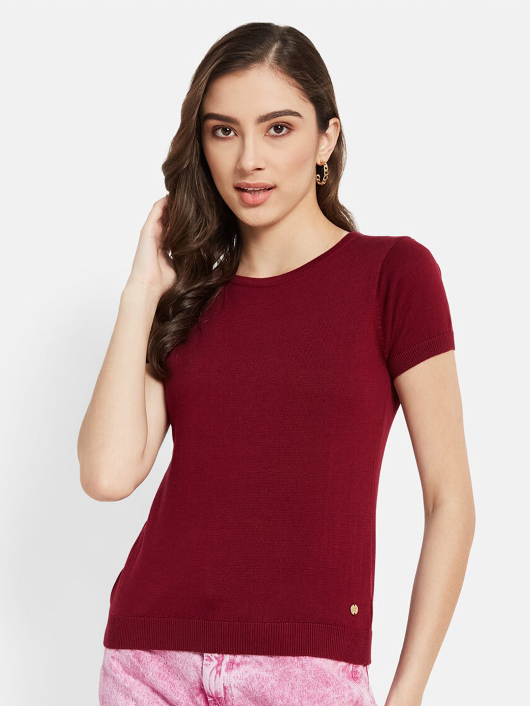 

METTLE Round Neck Short Sleeves Casual Cotton T-shirt, Maroon