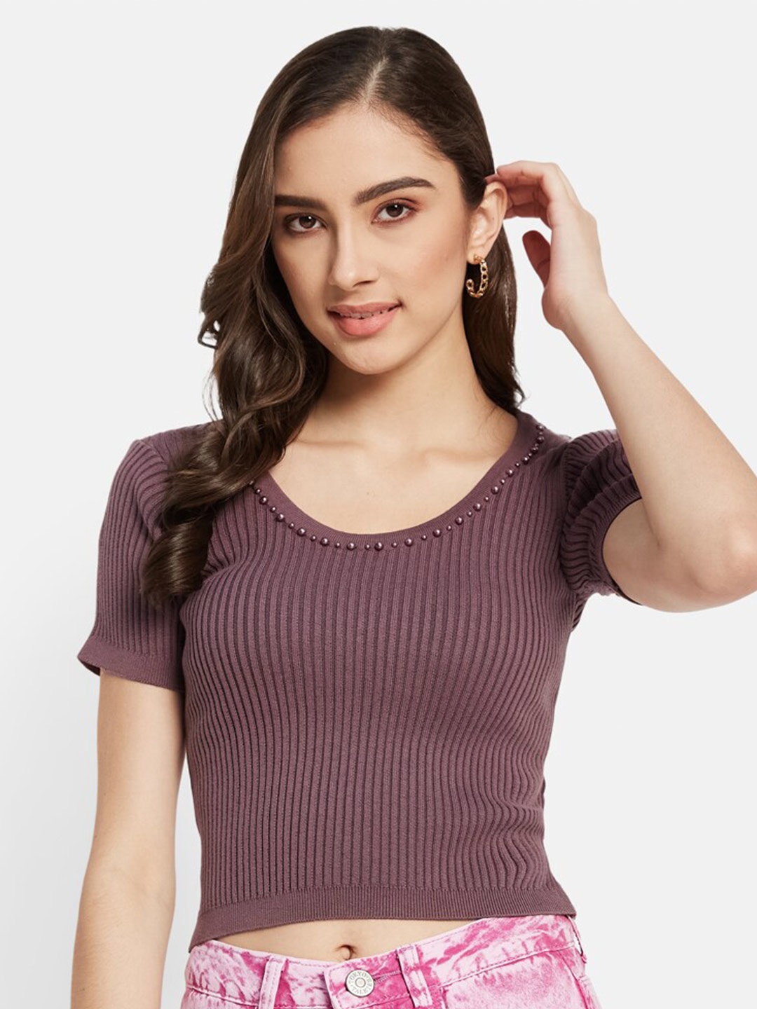 

METTLE Self Design Scoop Neck Cotton Crop T-shirt, Purple