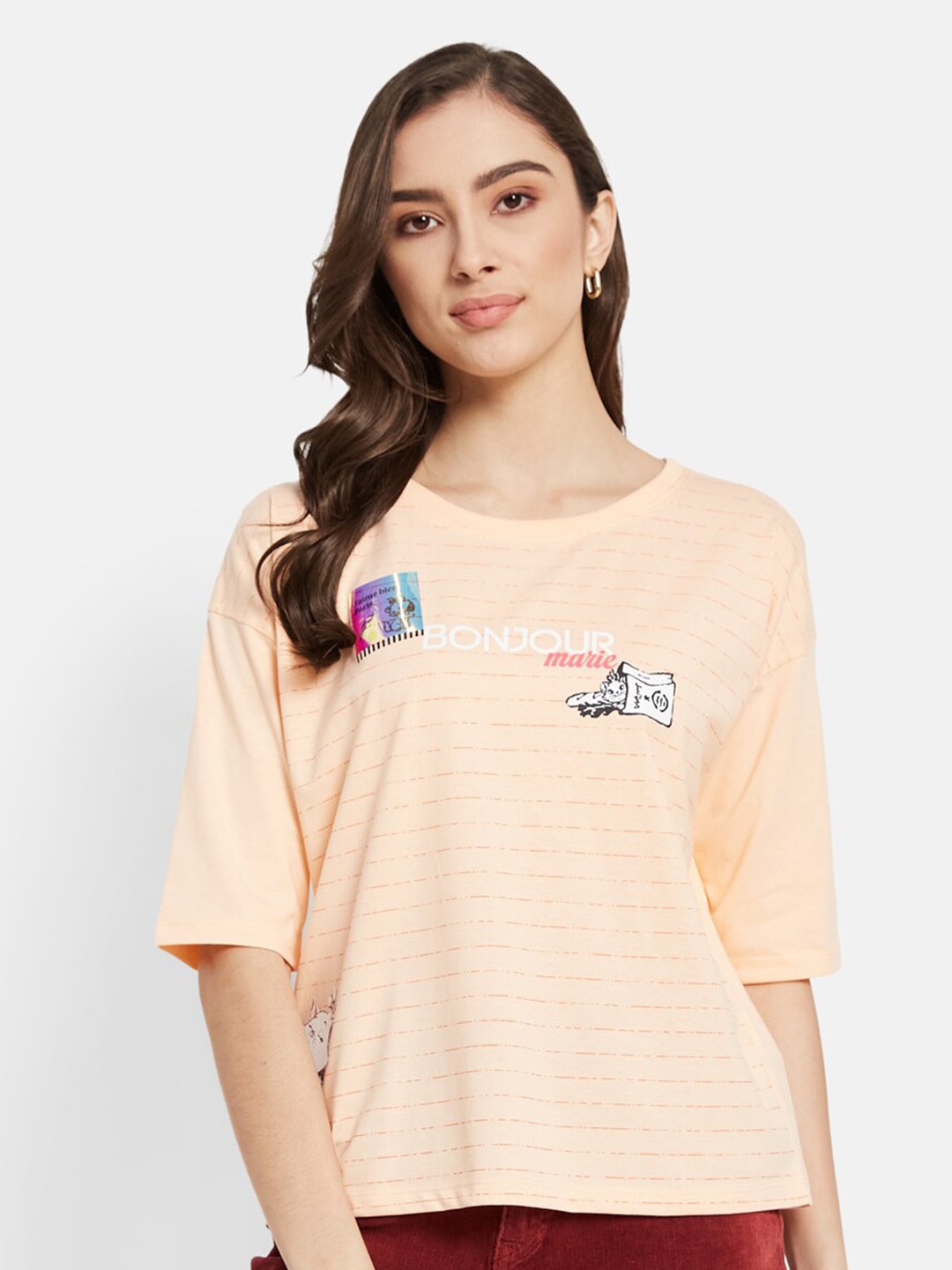 

METTLE Striped Drop shoulder Sleeves Cotton T-shirt, Coral