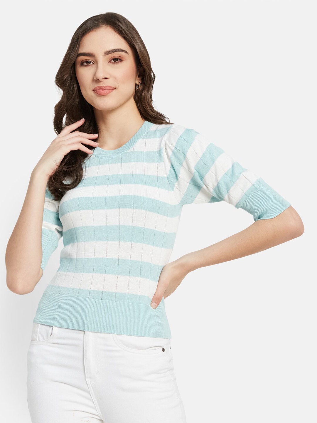 

METTLE Striped Round Neck Cotton T-shirt, Blue