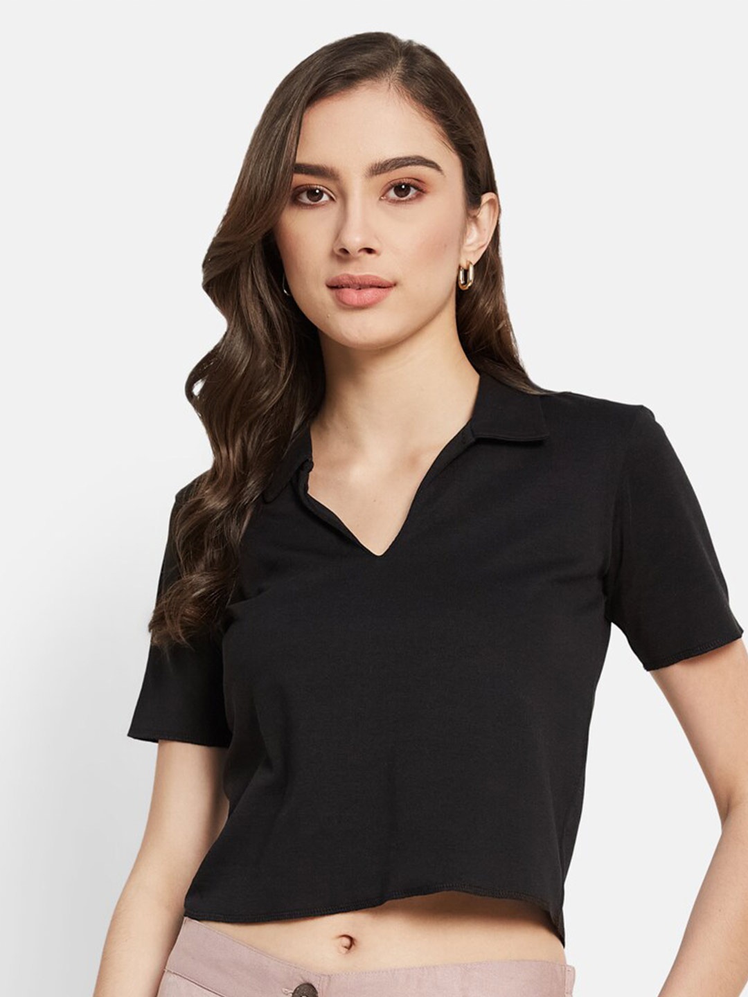 

METTLE Polo Collar Cotton Crop T-shirt, Black