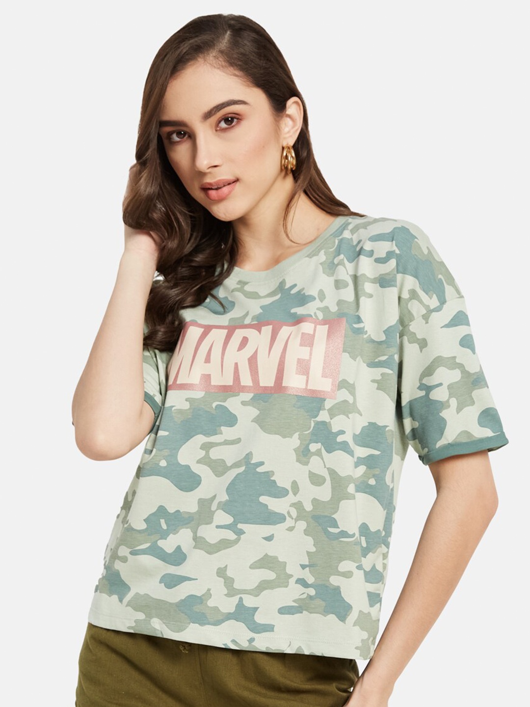 

METTLE Women Olive Green Typography Printed V-Neck Pockets T-shirt