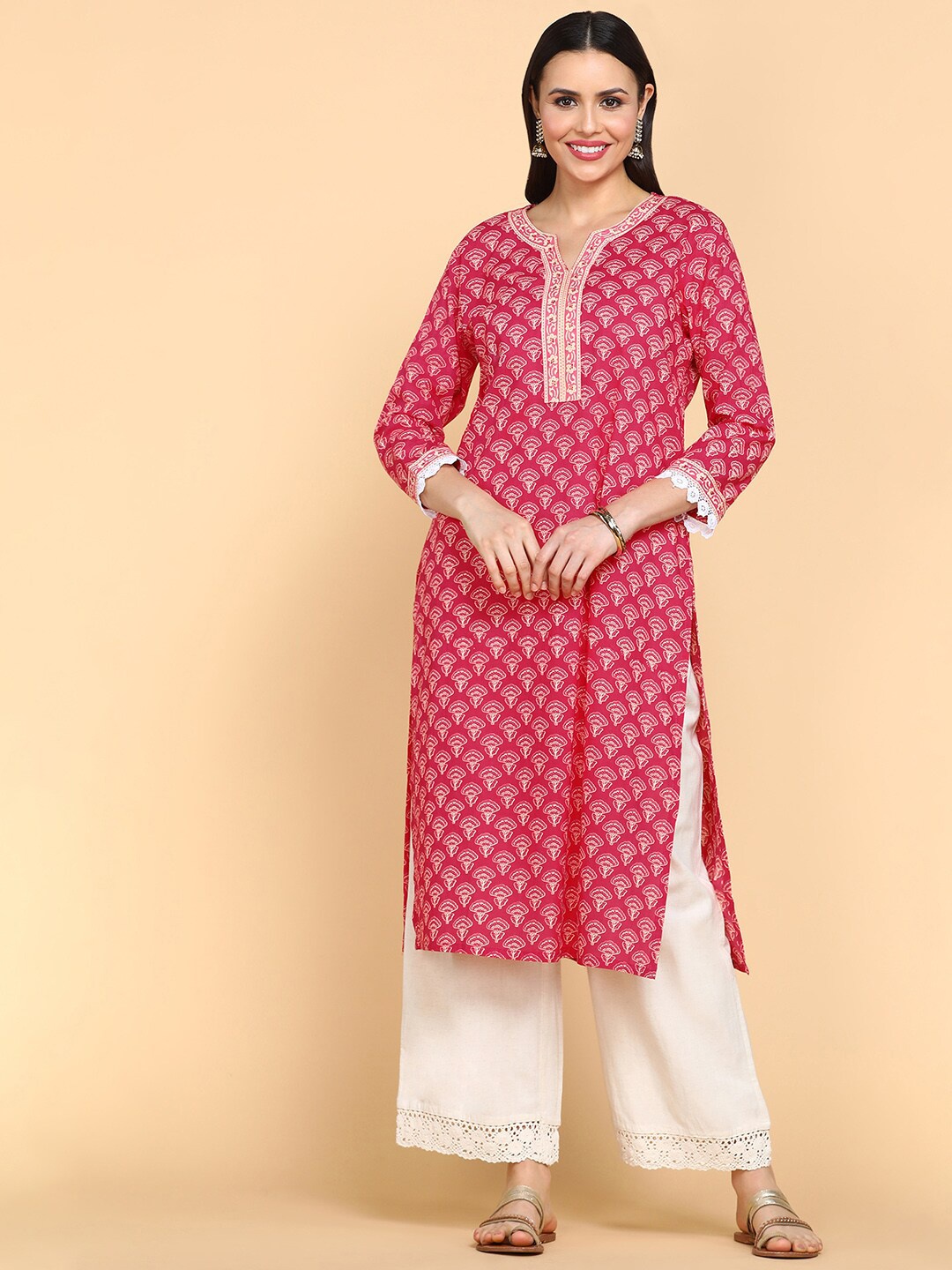 

aturabi Ethnic Motifs Printed Notched Neck Pure Cotton Kurta, Pink