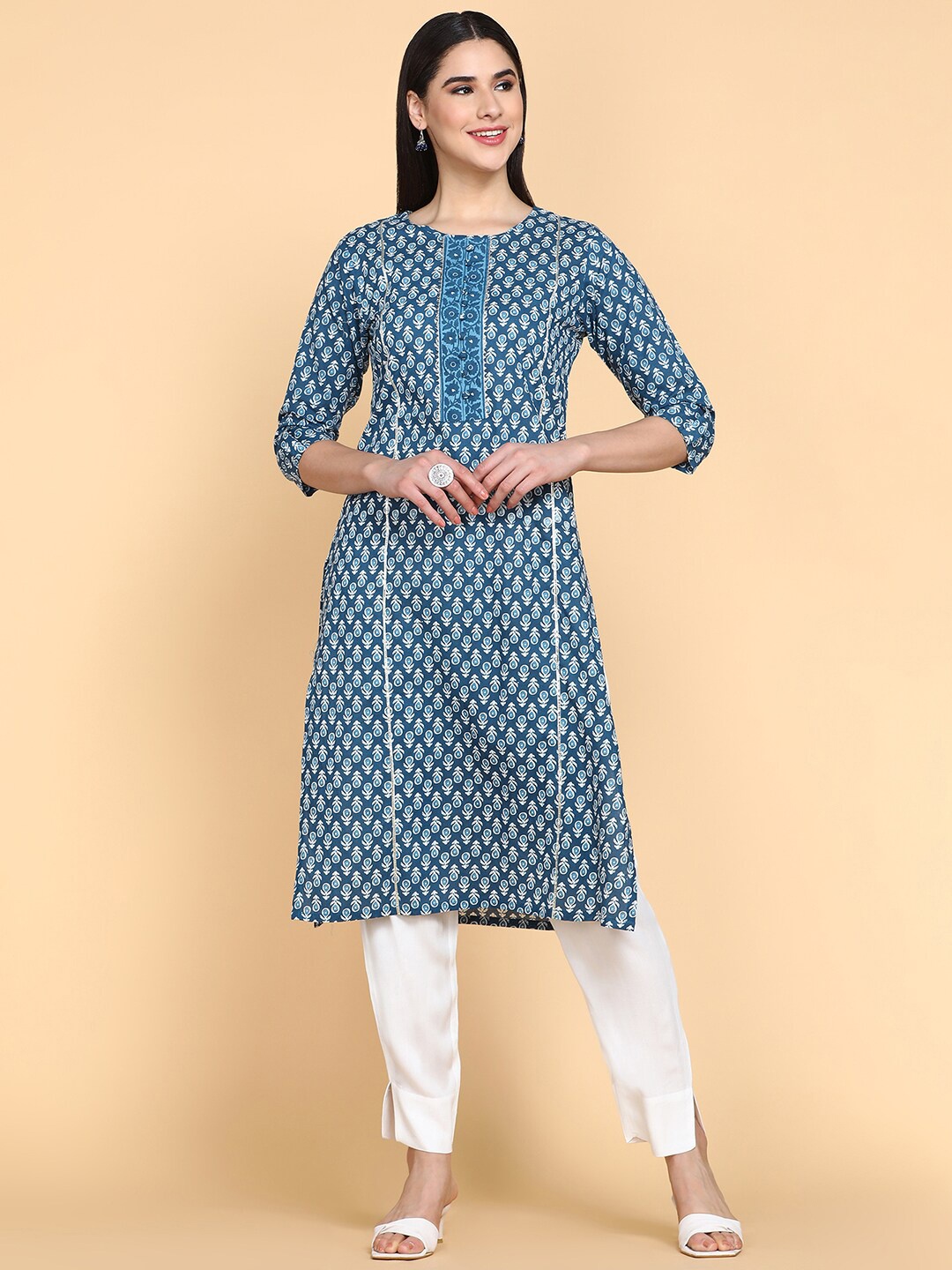 

aturabi Ethnic Motifs Printed Gotta Patti Panelled Pure Cotton Kurta, Navy blue