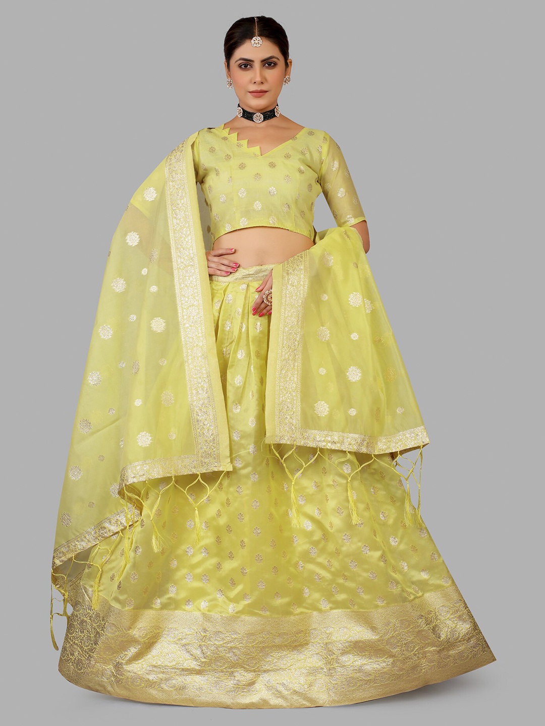 

JATRIQQ Woven Design Semi-Stitched Organza Lehenga Choli With Dupatta, Yellow