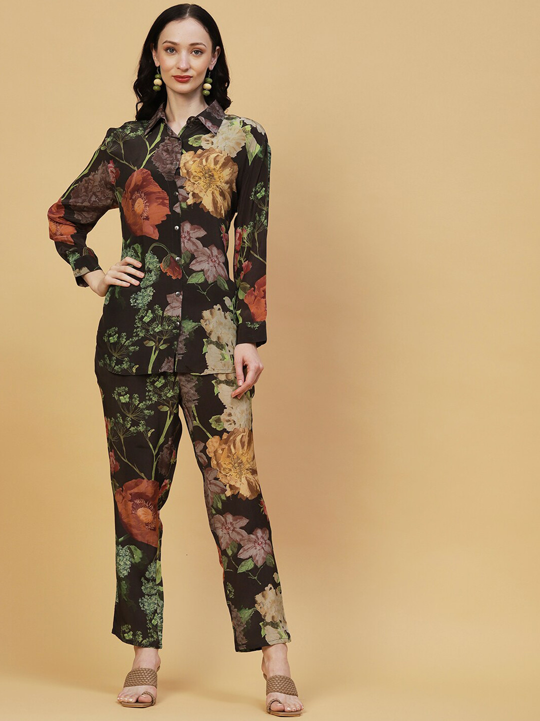 

FASHOR Black & Green Floral Printed Shirt With Trouser