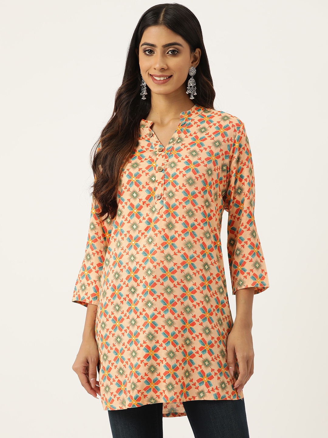 

DIVYANK Geometric Printed Mandarin Collar Kurti, Peach