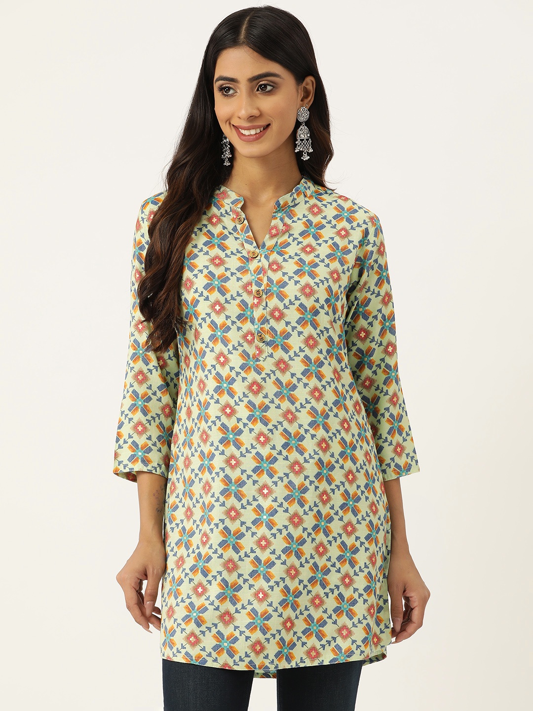 

DIVYANK Geometric Printed Mandarin Collar Kurti, Sea green