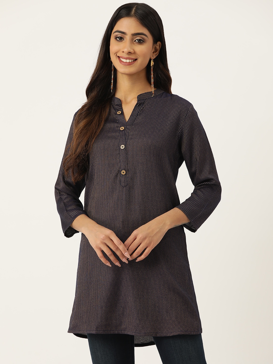 

DIVYANK Striped Mandarin Collar Kurti, Brown