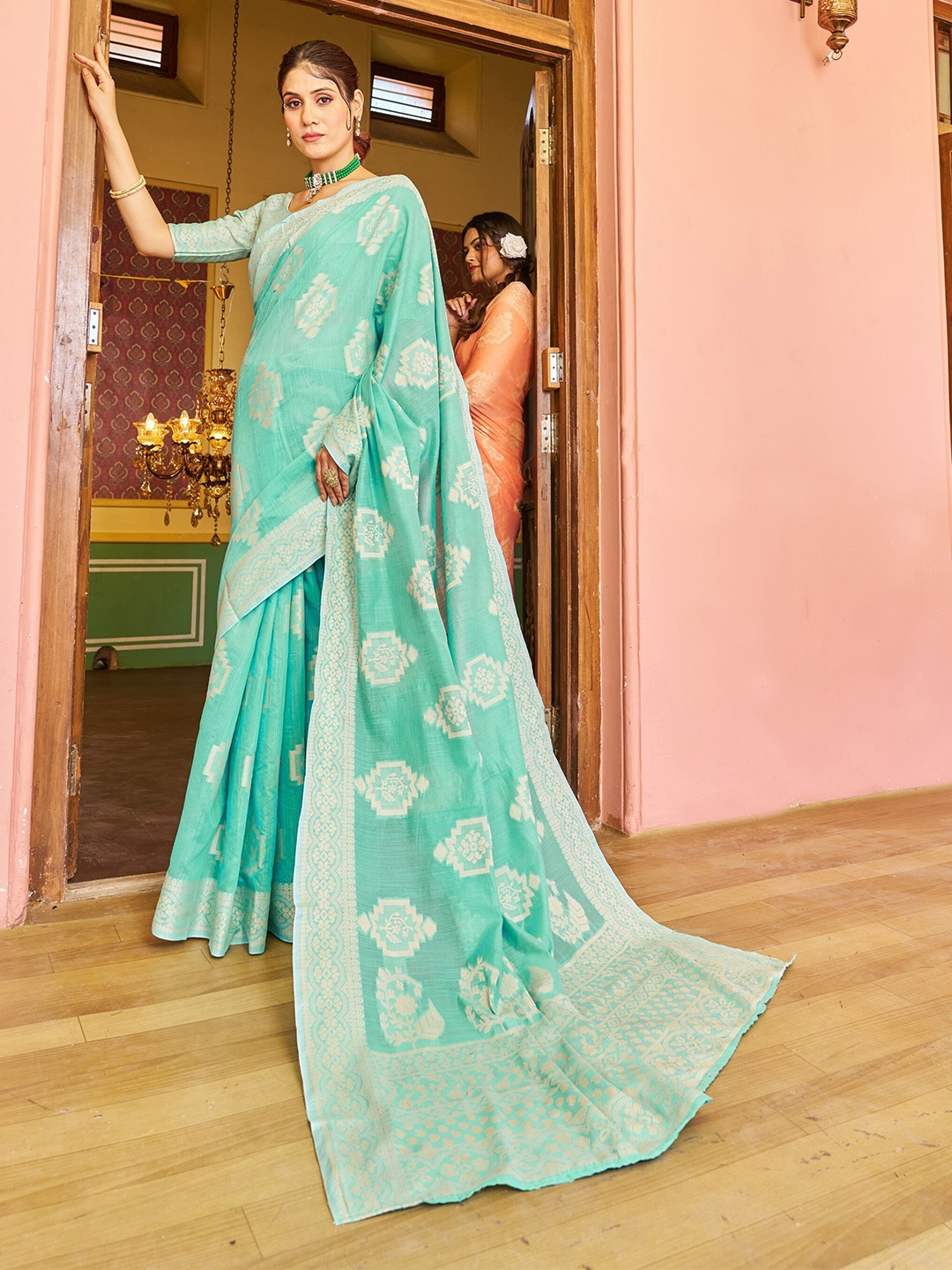 

VSaree Ethnic Motif Woven Design Zari Silk Cotton Banarasi Saree, Turquoise blue