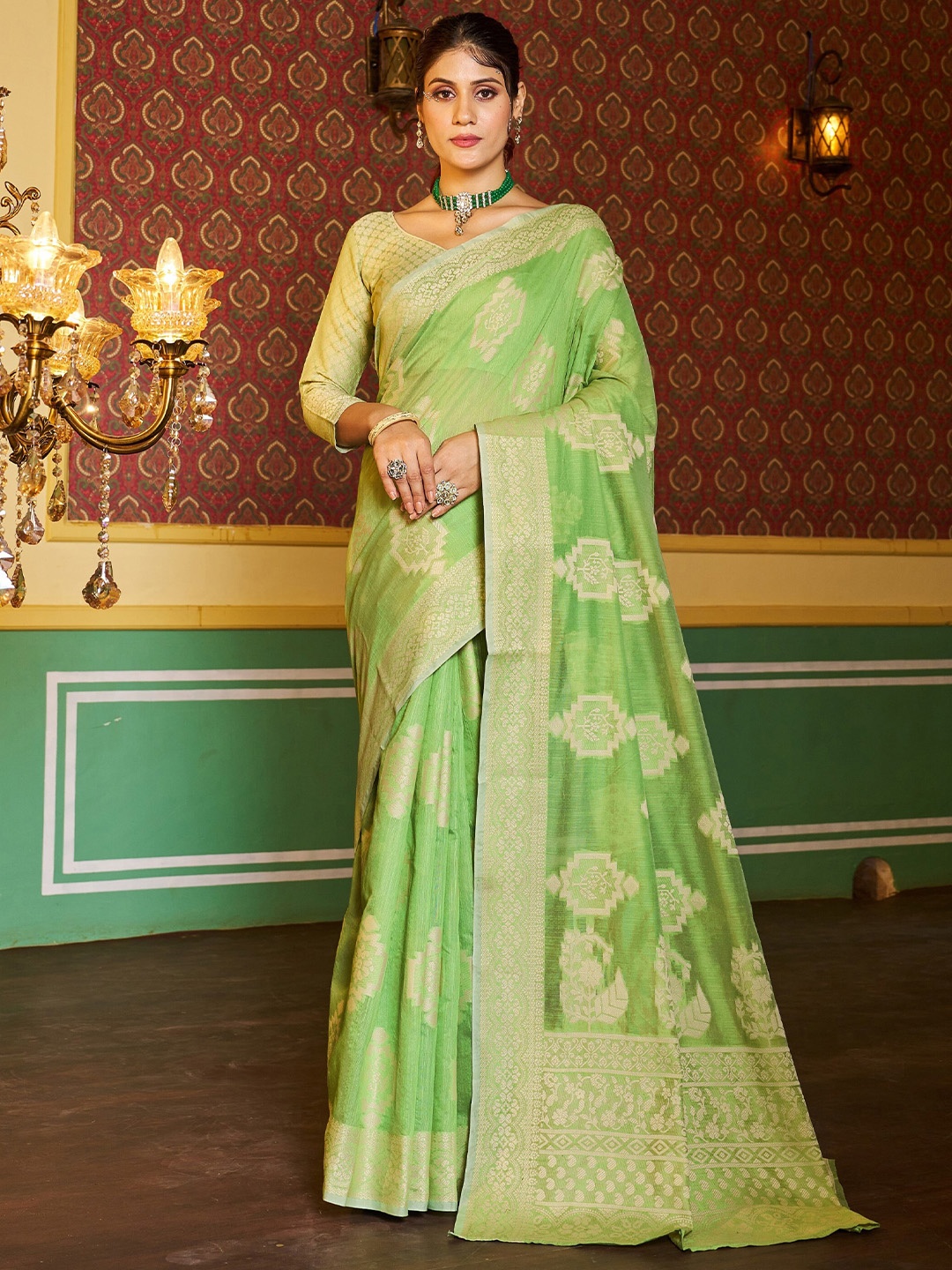

VSaree Ethnic Motif Woven Design Zari Silk Cotton Saree, Green