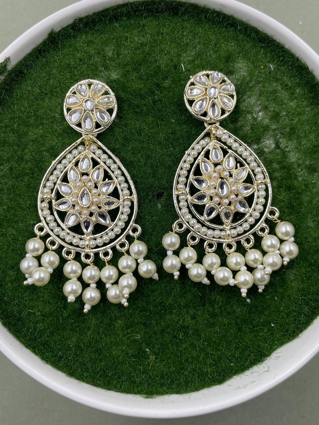 

Rhymee Gold-Plated Teardrop Shaped Pearls Kundan Studded Drop Earrings