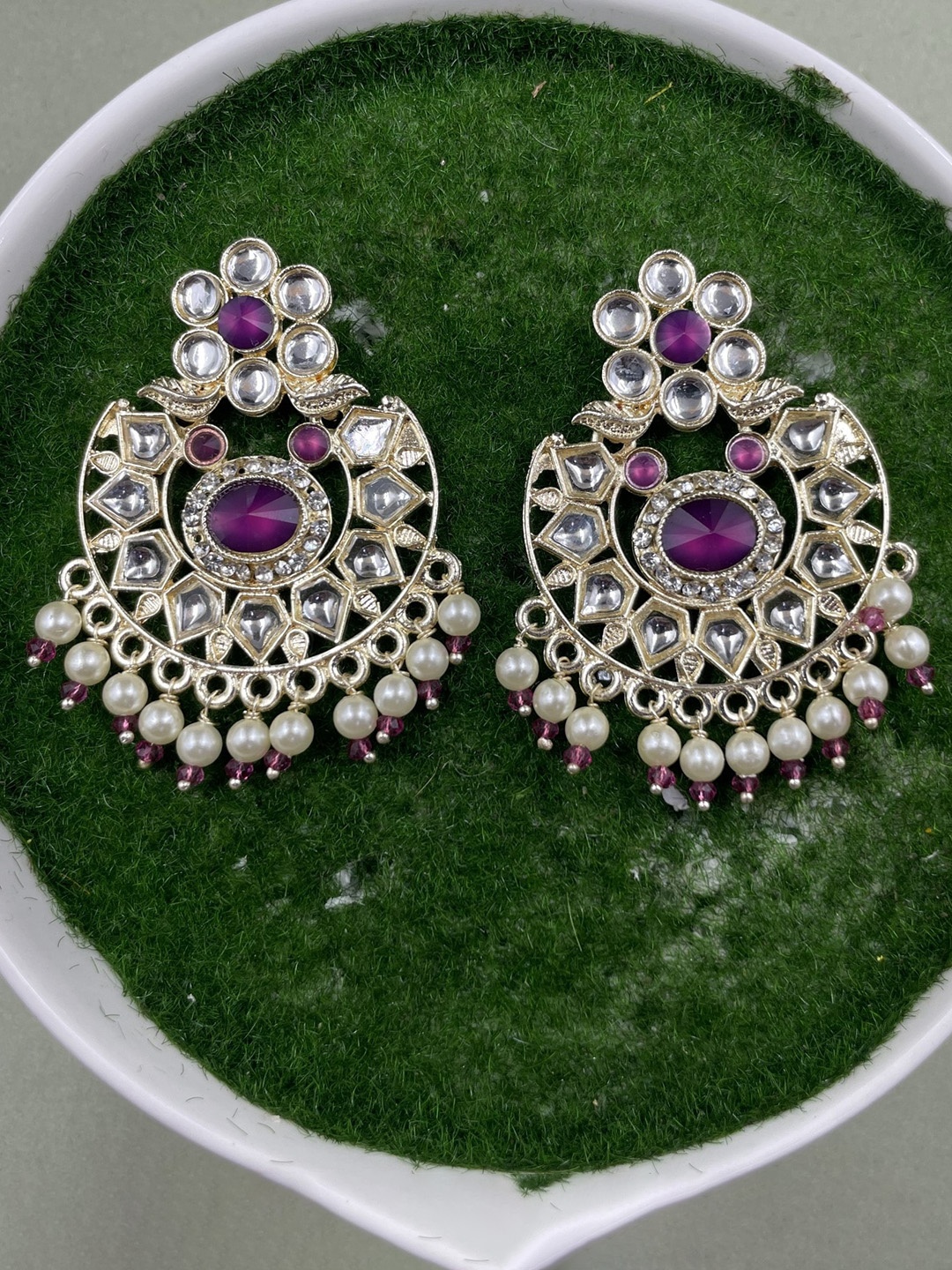 

Rhymee Gold Plated Floral Kundan Studded & Beaded Chandbalis