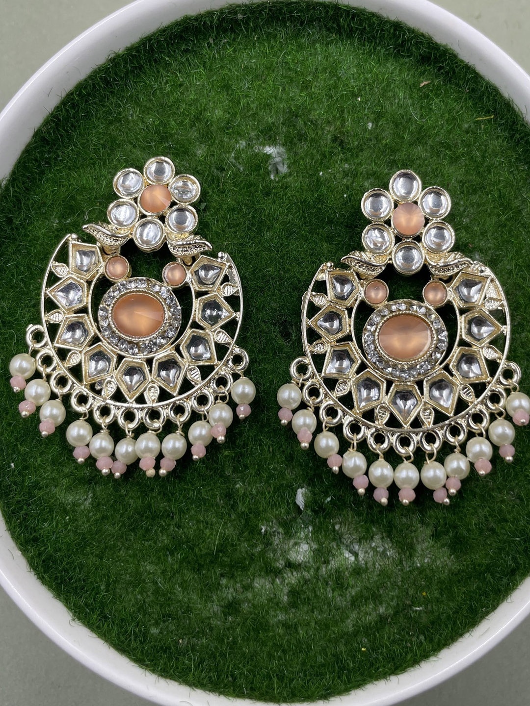 

Rhymee Gold Plated Floral Kundan Studded & Beaded Drop Earrings