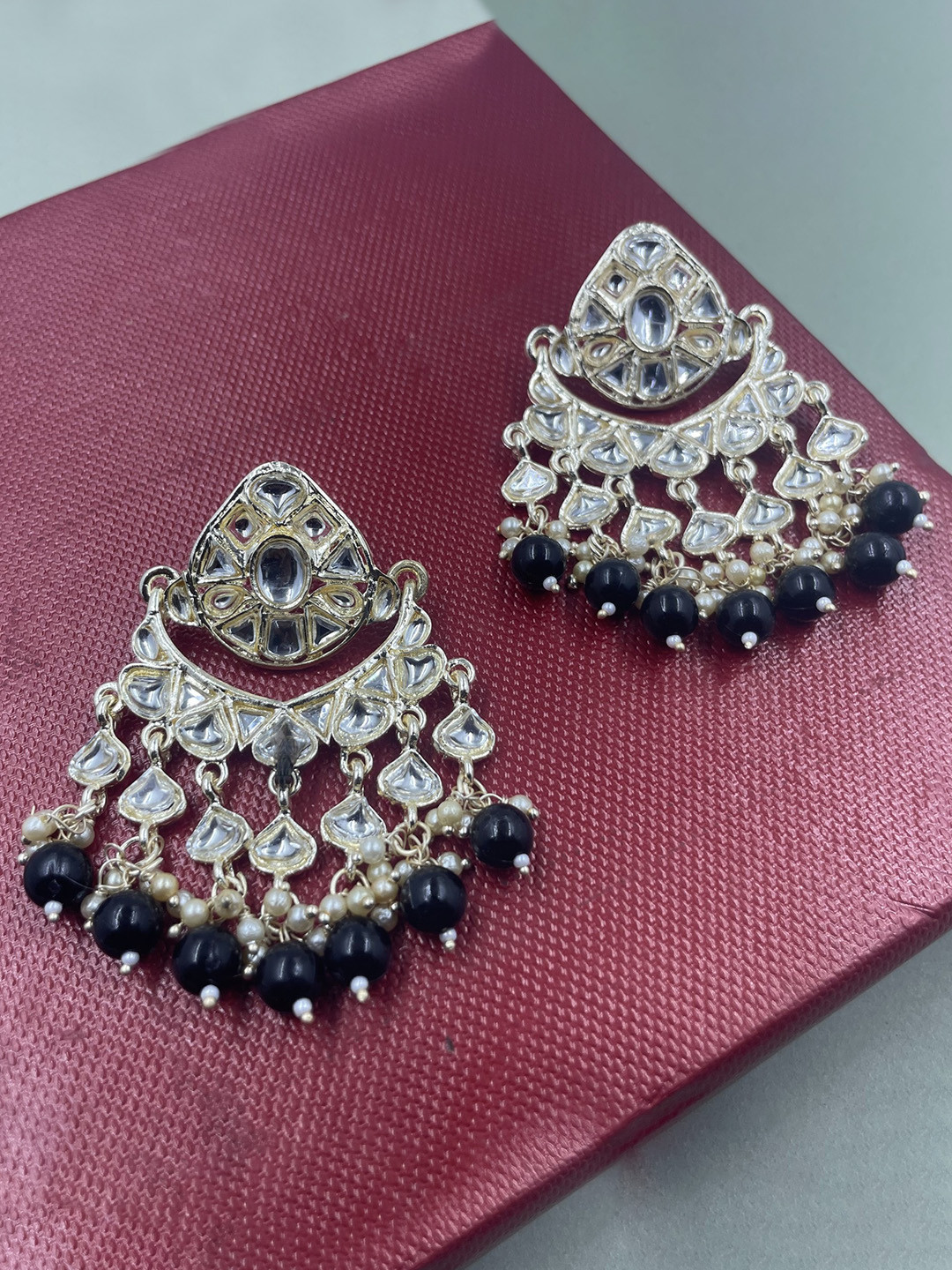 

Rhymee Gold Plated Contemporary Kundan Studded & Beaded Chandbalis Earrings